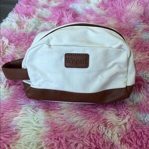 Cream and Brown Canvas Toiletry Bag with Leather Accents‎